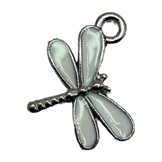 Silver dragonfly charm with glossy pale blue enamel wings