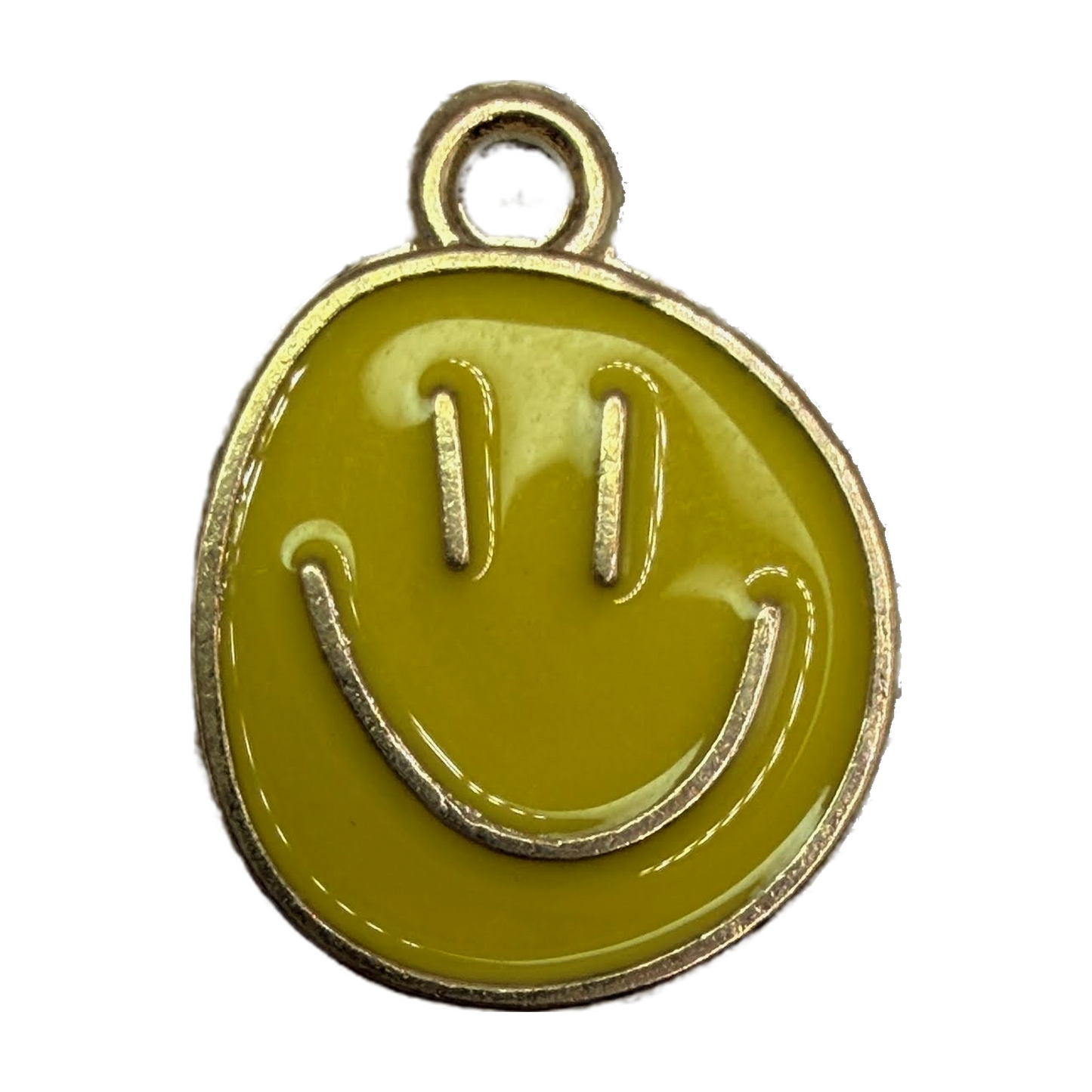Glossy mustard-yellow smiley face disc with gold outline