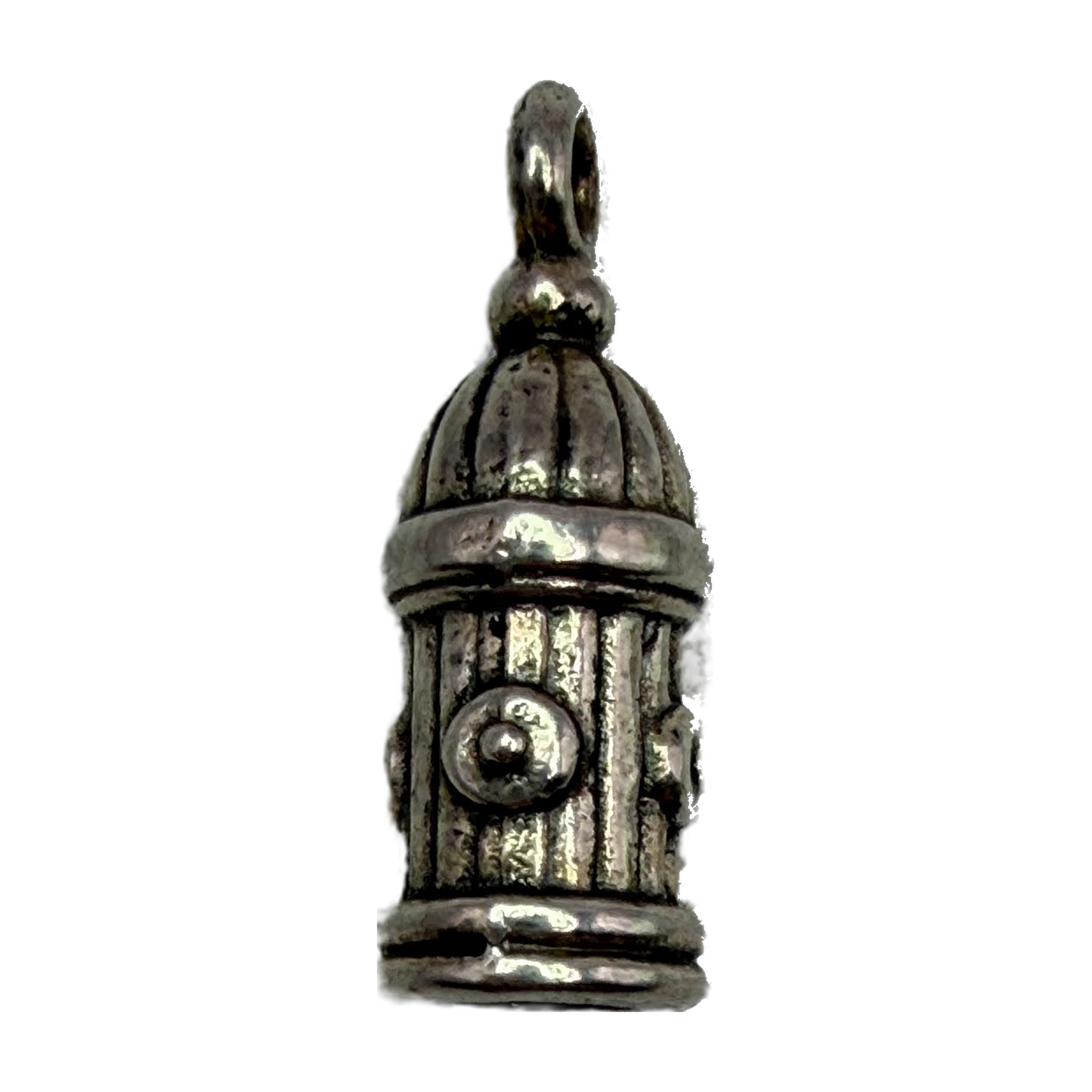 Vintage silver fire hydrant charm with oxidized patina and raised valve details on black background