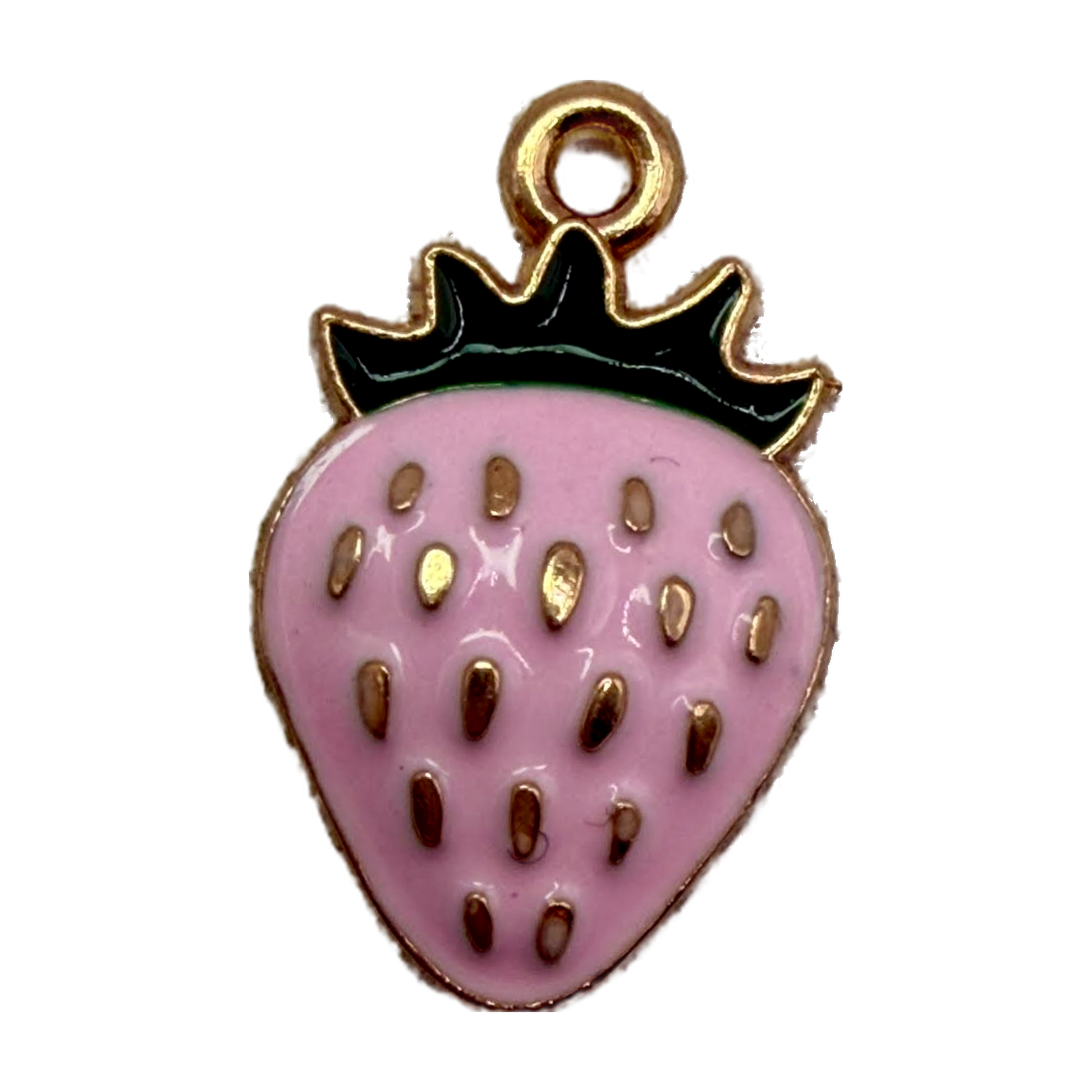 Glossy pink strawberry charm with gold seed details and dark green-black leaves on a gold outline
