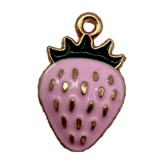 Glossy pink strawberry charm with gold seed details and dark green-black leaves on a gold outline