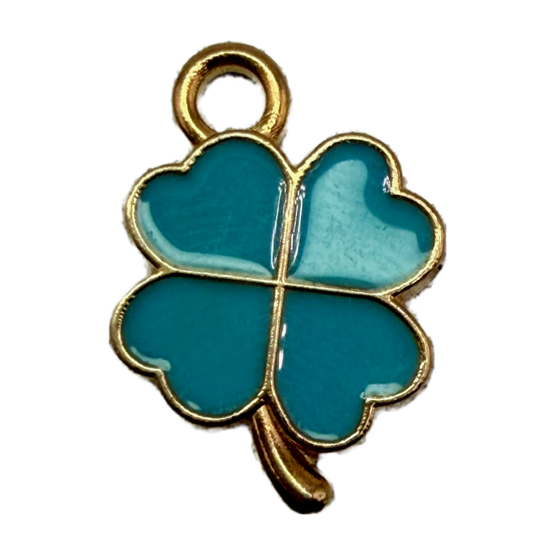 Turquoise enamel four-leaf clover charm with gold outline