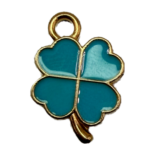 Turquoise enamel four-leaf clover charm with gold outline