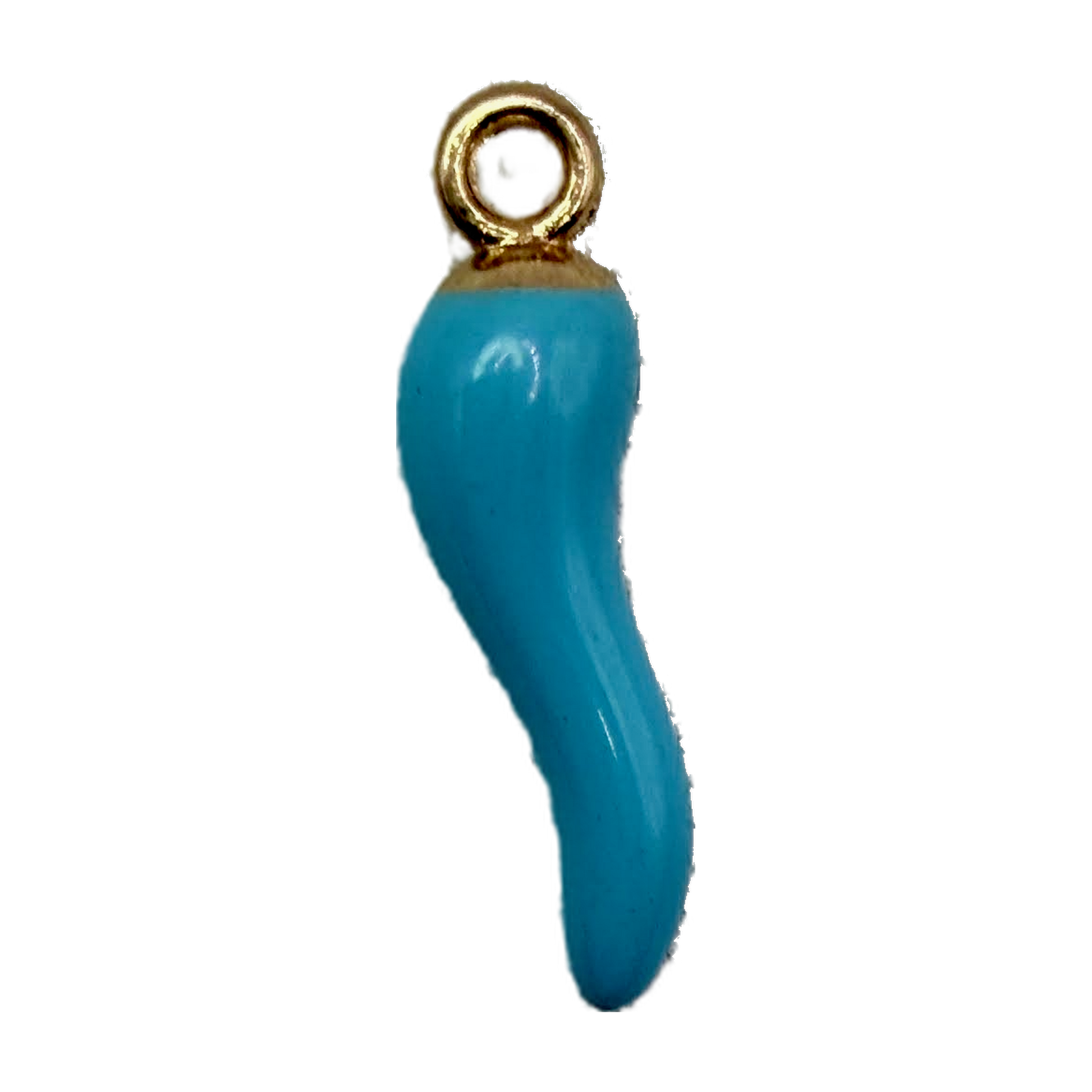 Glossy blue chili pepper charm with polished gold top on black background