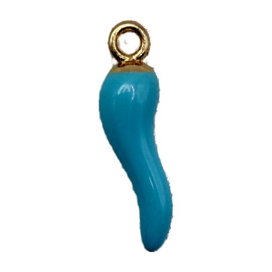 Glossy blue chili pepper charm with polished gold top on black background