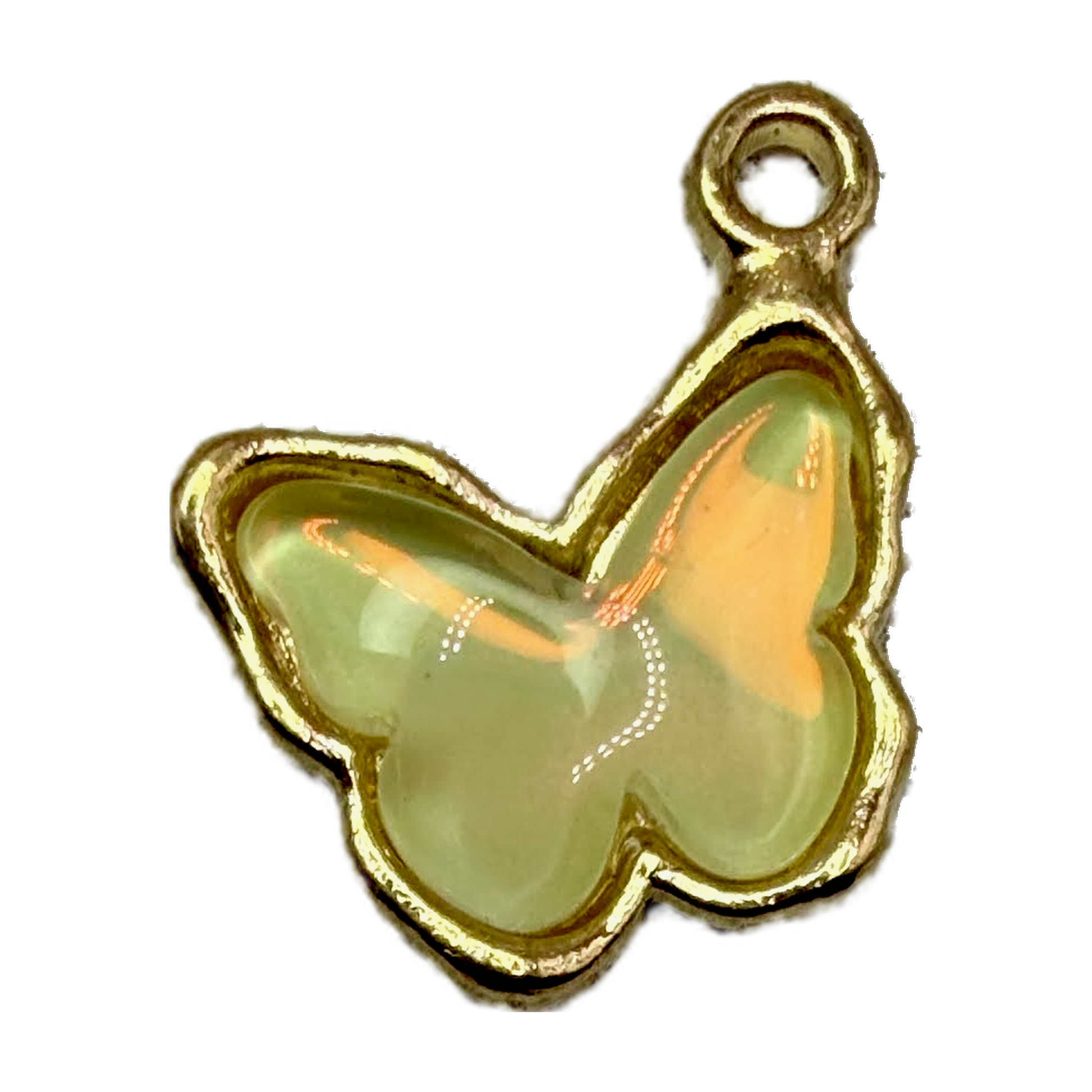 Opalescent pale green butterfly charm with glossy finish and gold outline