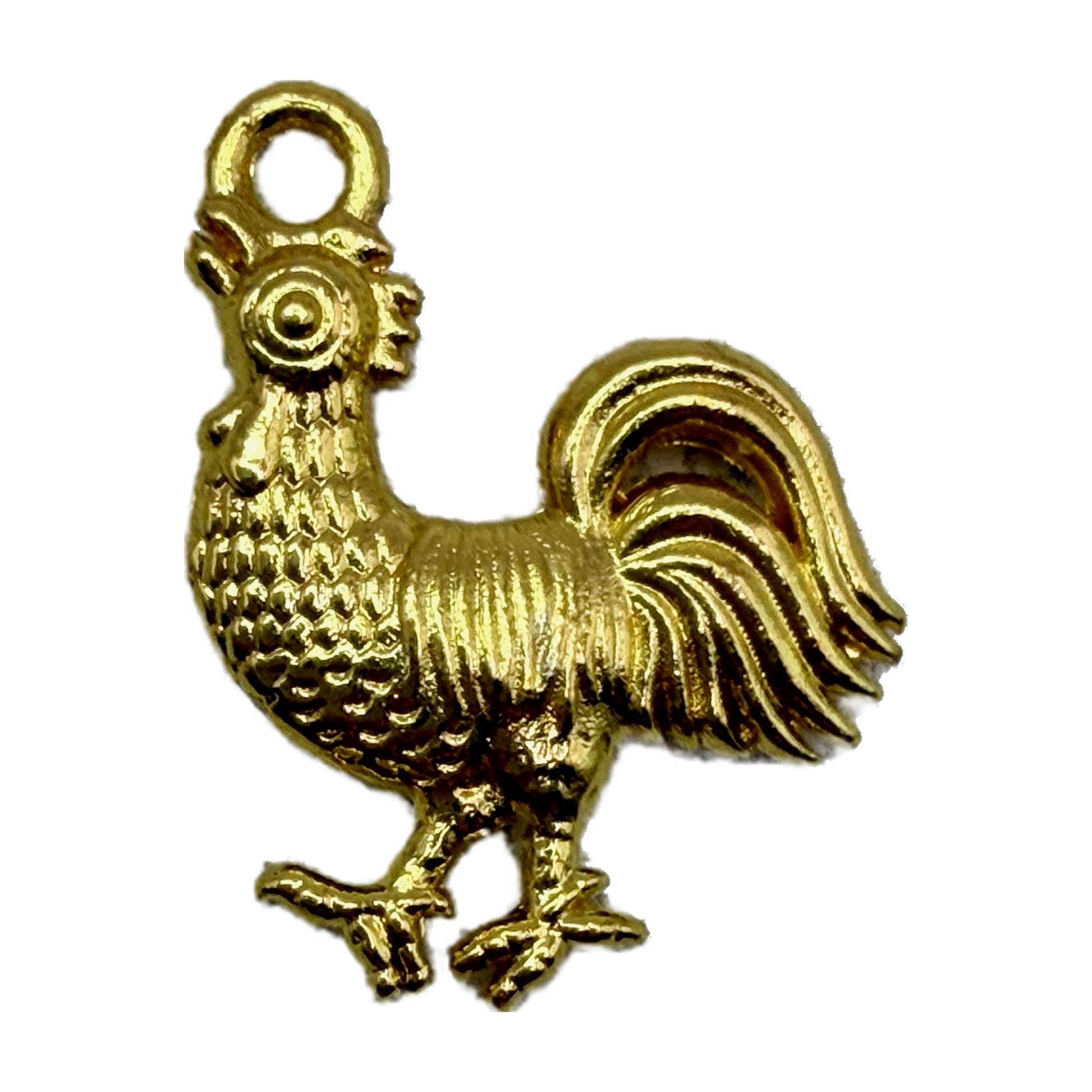 Glossy gold rooster pendant with textured feather details on black background