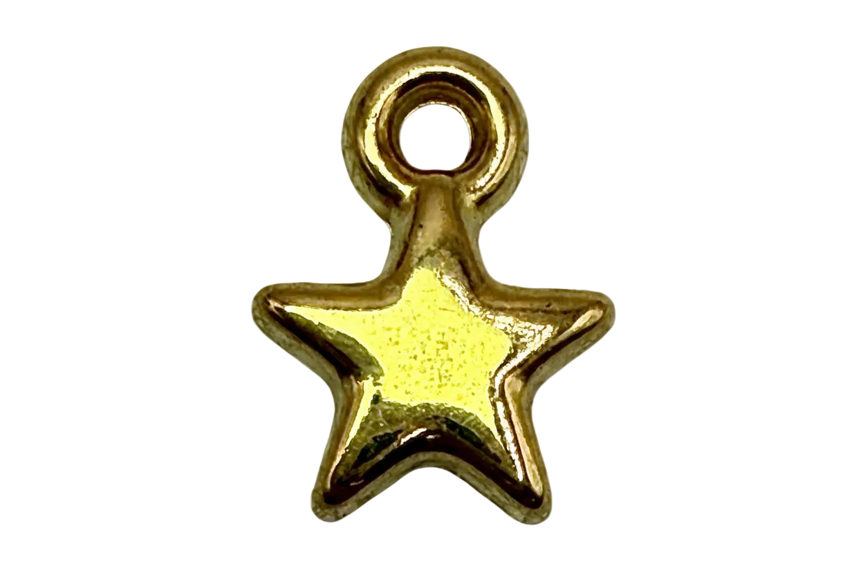 Polished gold five-point star charm with rounded edges on black background