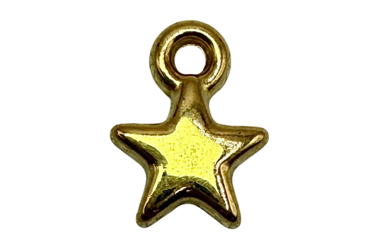 Polished gold five-point star charm with rounded edges on black background