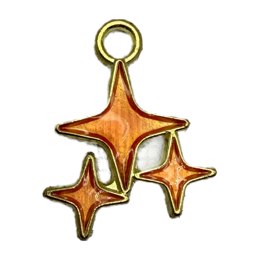 Gold outline starburst cluster with three glossy orange four-point stars
