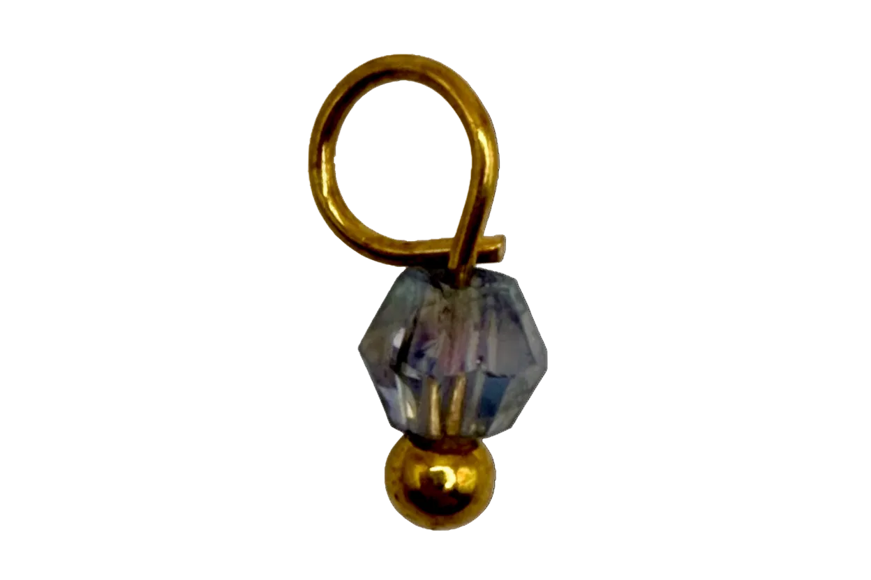 Gold finish charm with faceted clear iridescent gem bead and small gold sphere accent