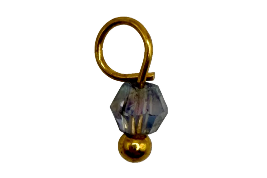 Gold finish charm with faceted clear iridescent gem bead and small gold sphere accent