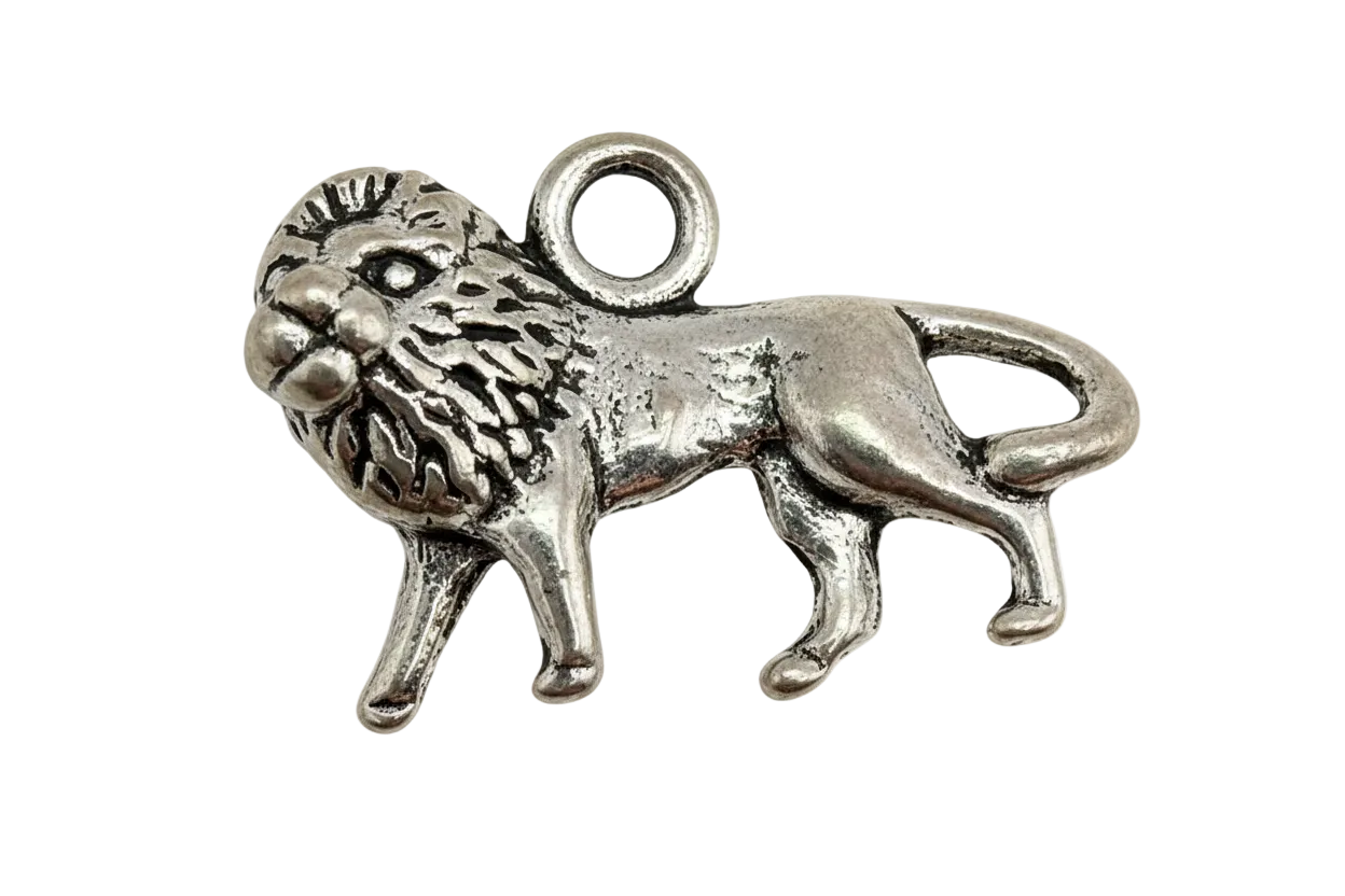 Silver-tone lion figure charm with textured mane and oxidized details