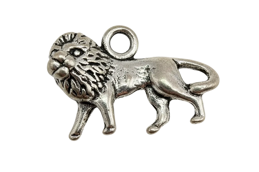 Silver-tone lion figure charm with textured mane and oxidized details