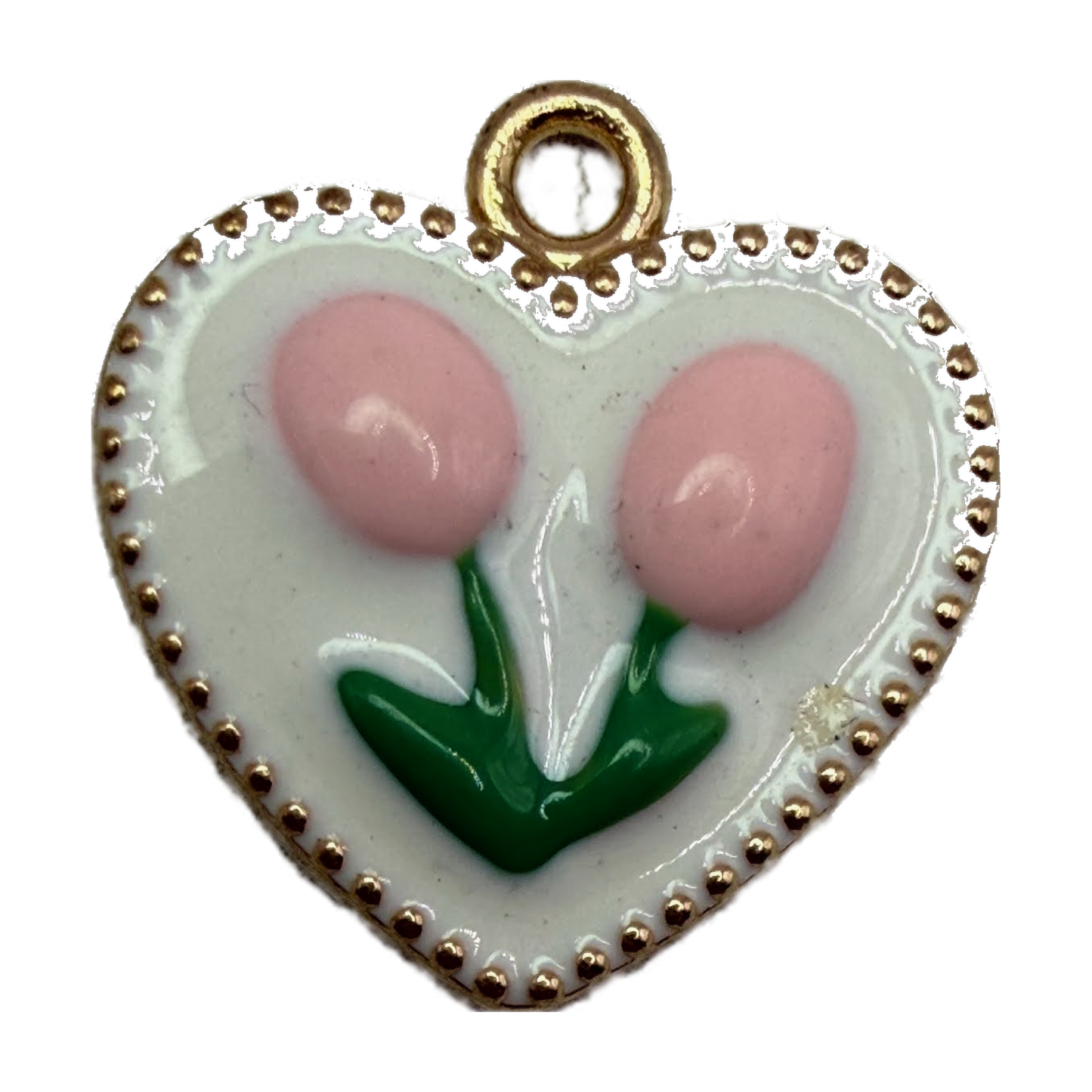 White enamel heart with pink tulips, green leaves, beaded gold edge, and small clear gem accent