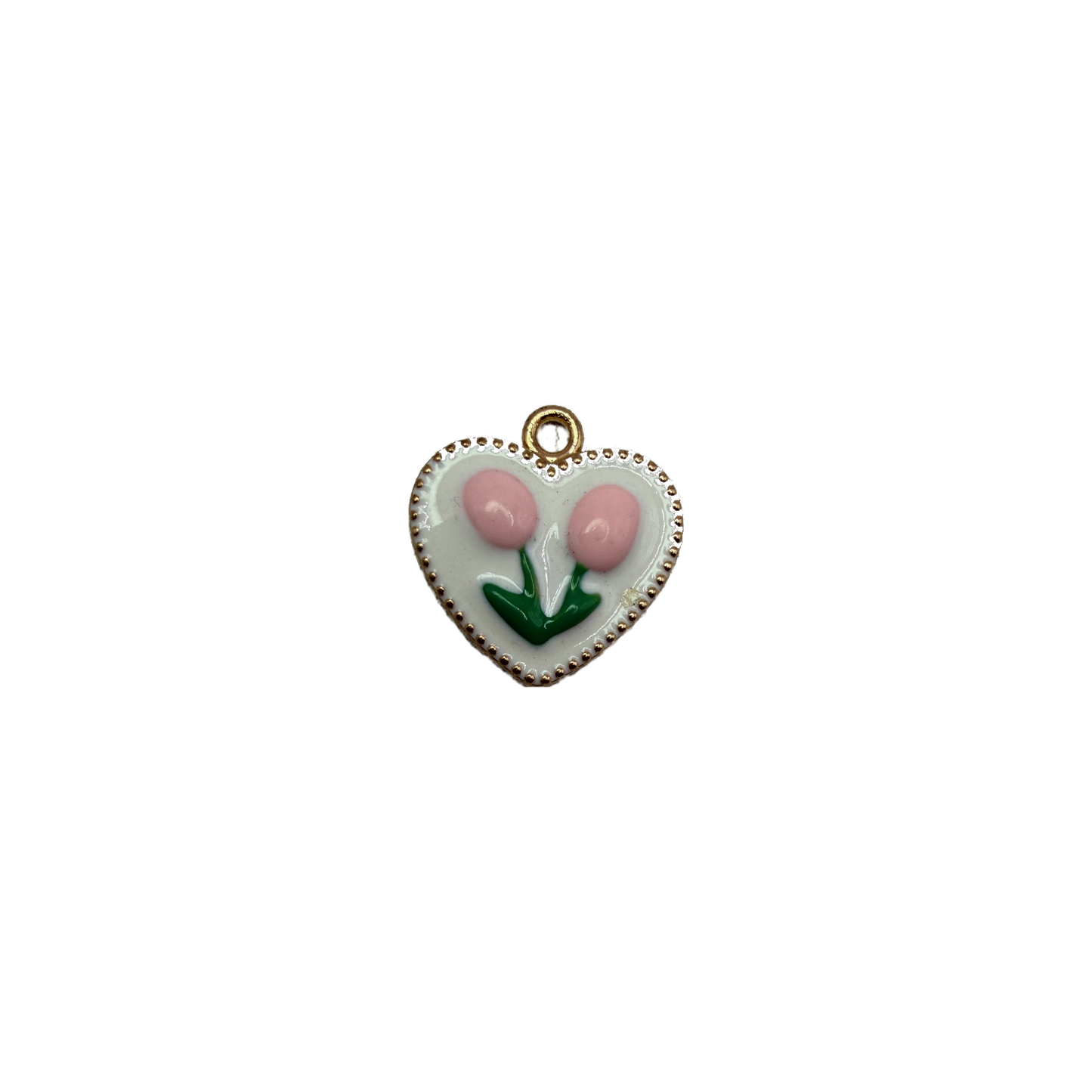 Enamel tulip heart with beaded gold edge and clear gem