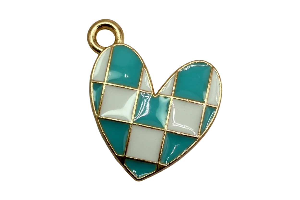 Turquoise and white checkerboard heart with gold outlining and glossy enamel finish