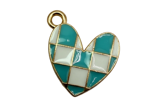 Turquoise and white checkerboard heart with gold outlining and glossy enamel finish