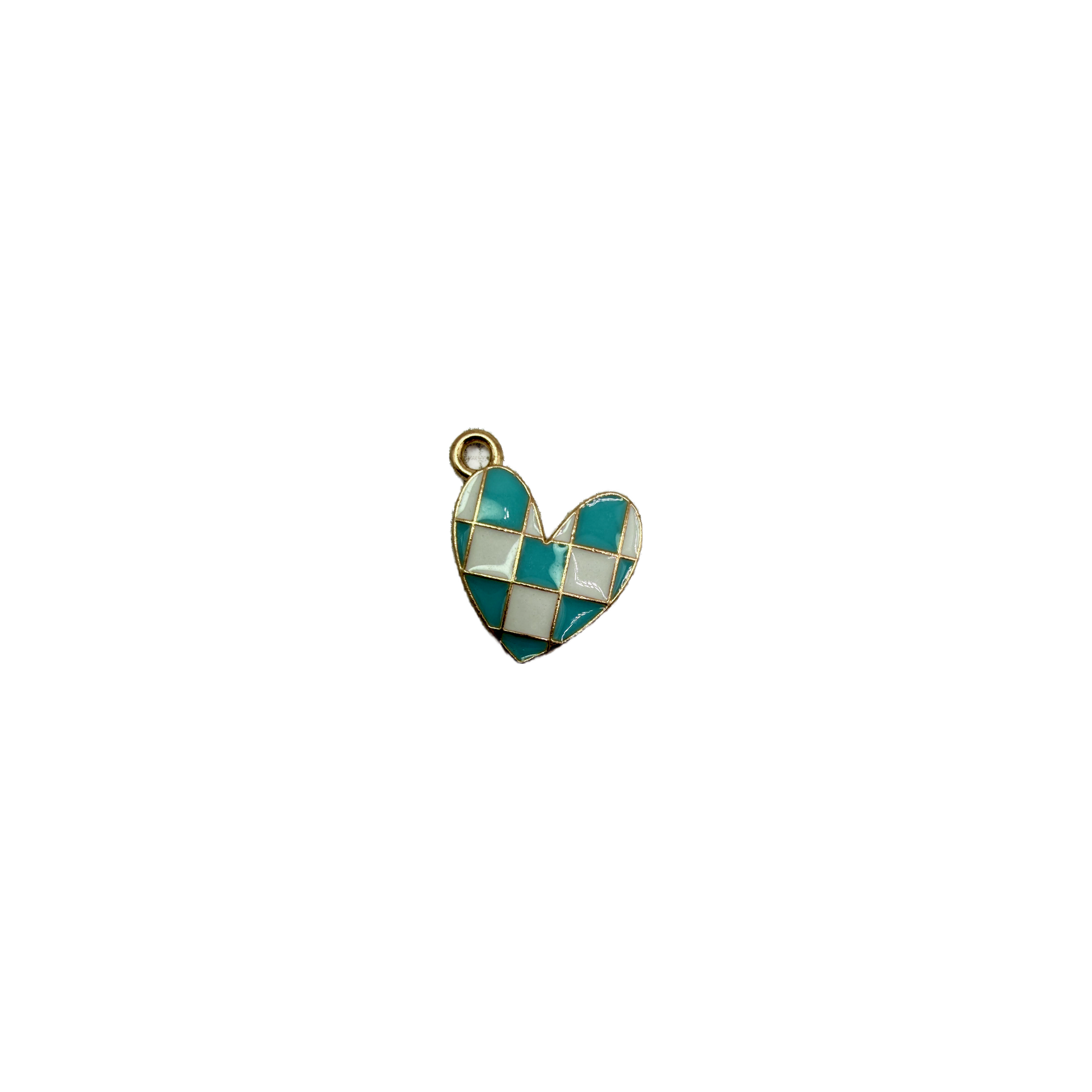 Turquoise and white checkerboard heart with gold outlining