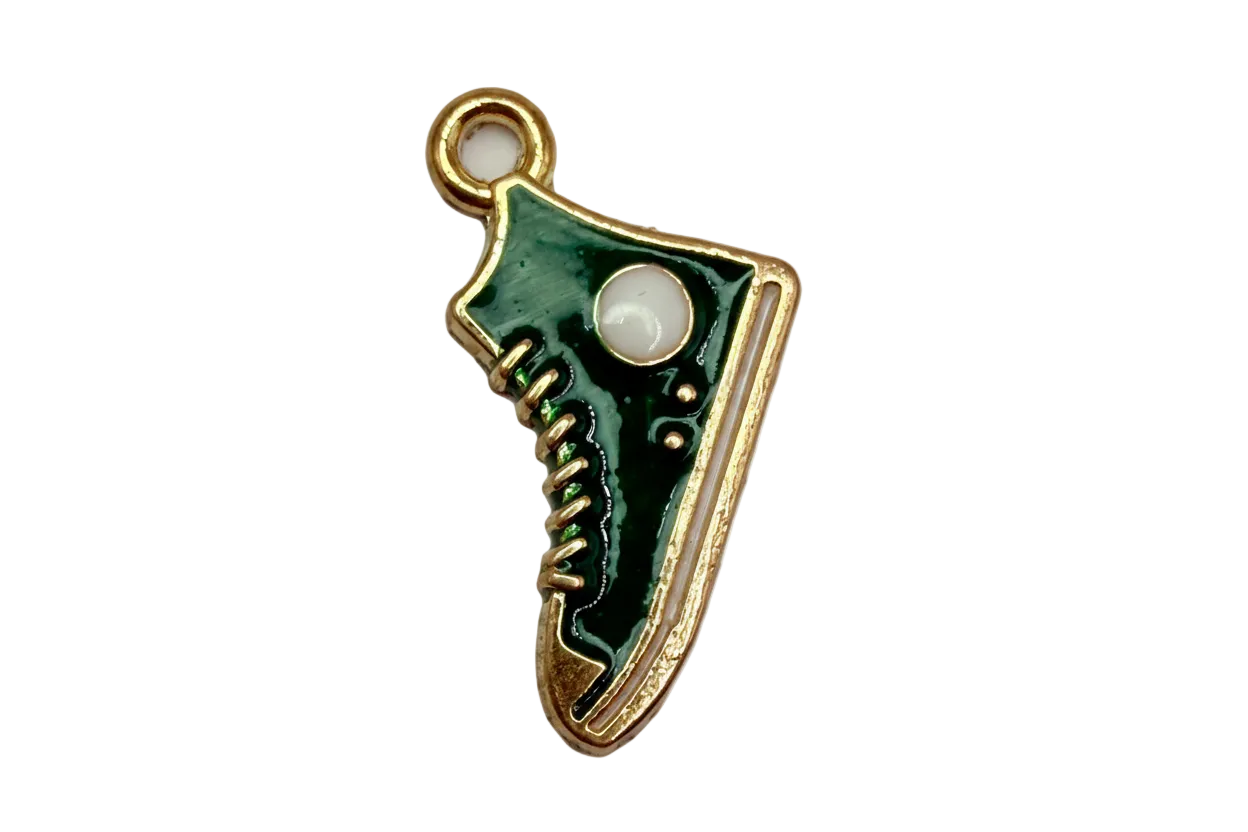 Forest green enamel sneaker charm with gold outline and white details
