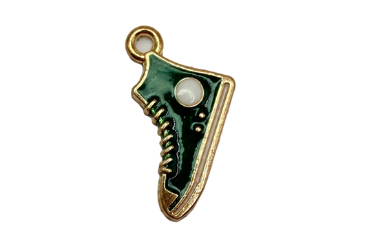 Forest green enamel sneaker charm with gold outline and white details