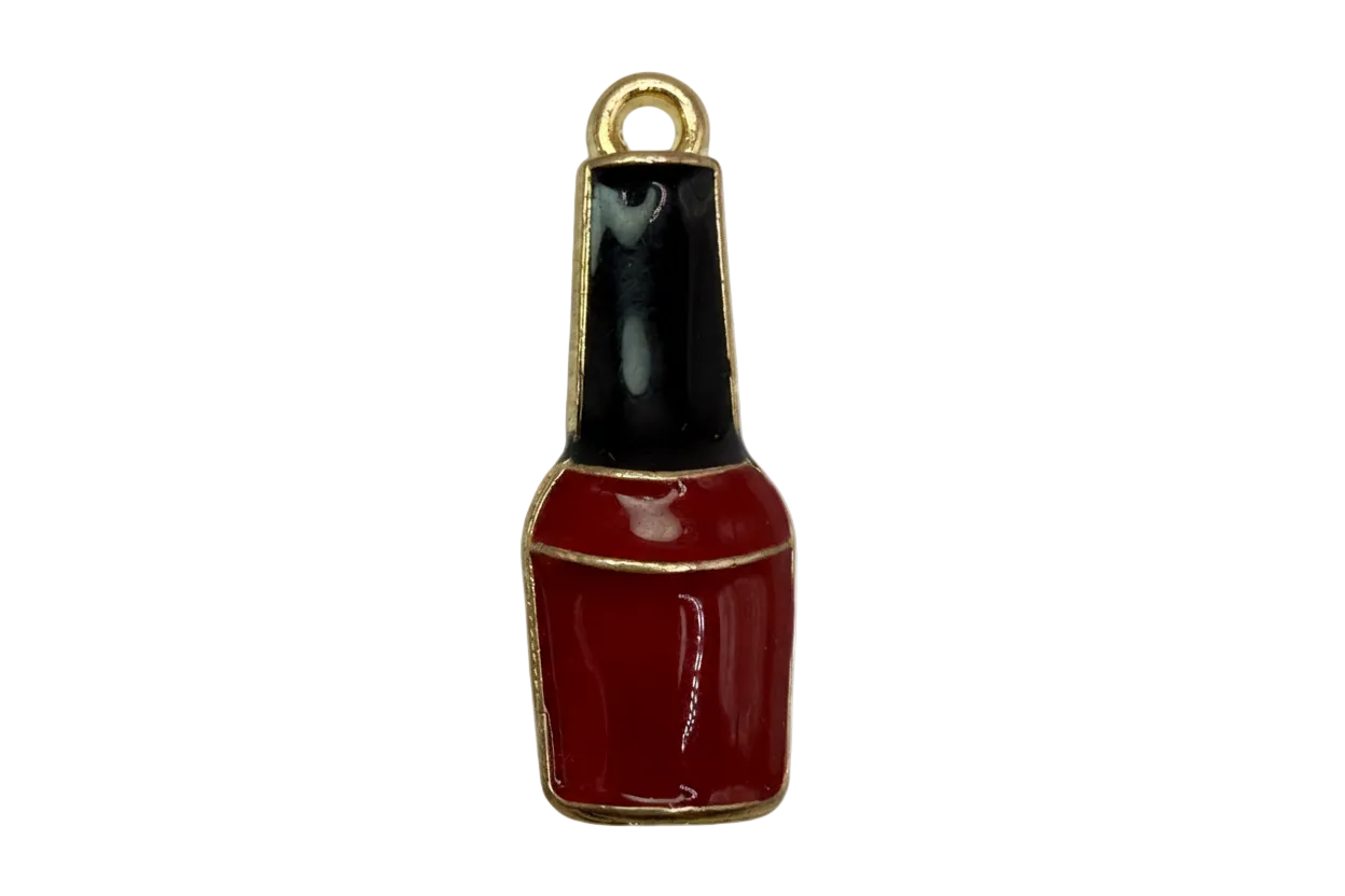 Red and black enamel nail polish bottle with gold outline