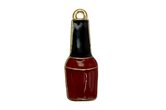 Red and black enamel nail polish bottle with gold outline