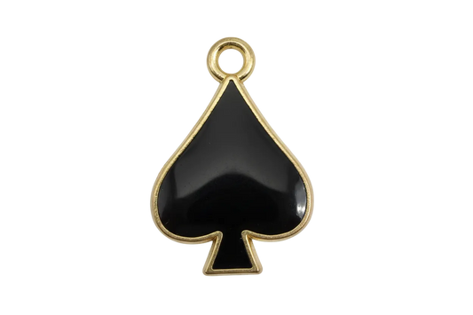 Black spade symbol charm with glossy enamel and gold outline