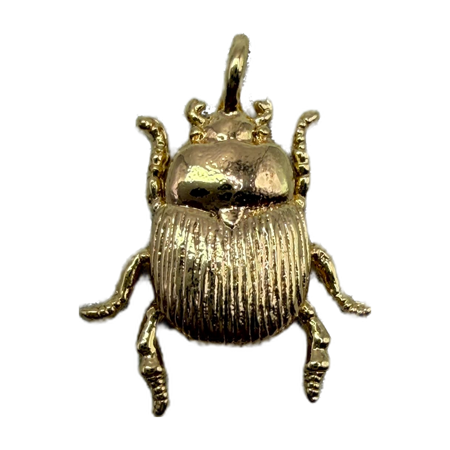 Gold scarab beetle charm with ridged wing detailing and polished finish