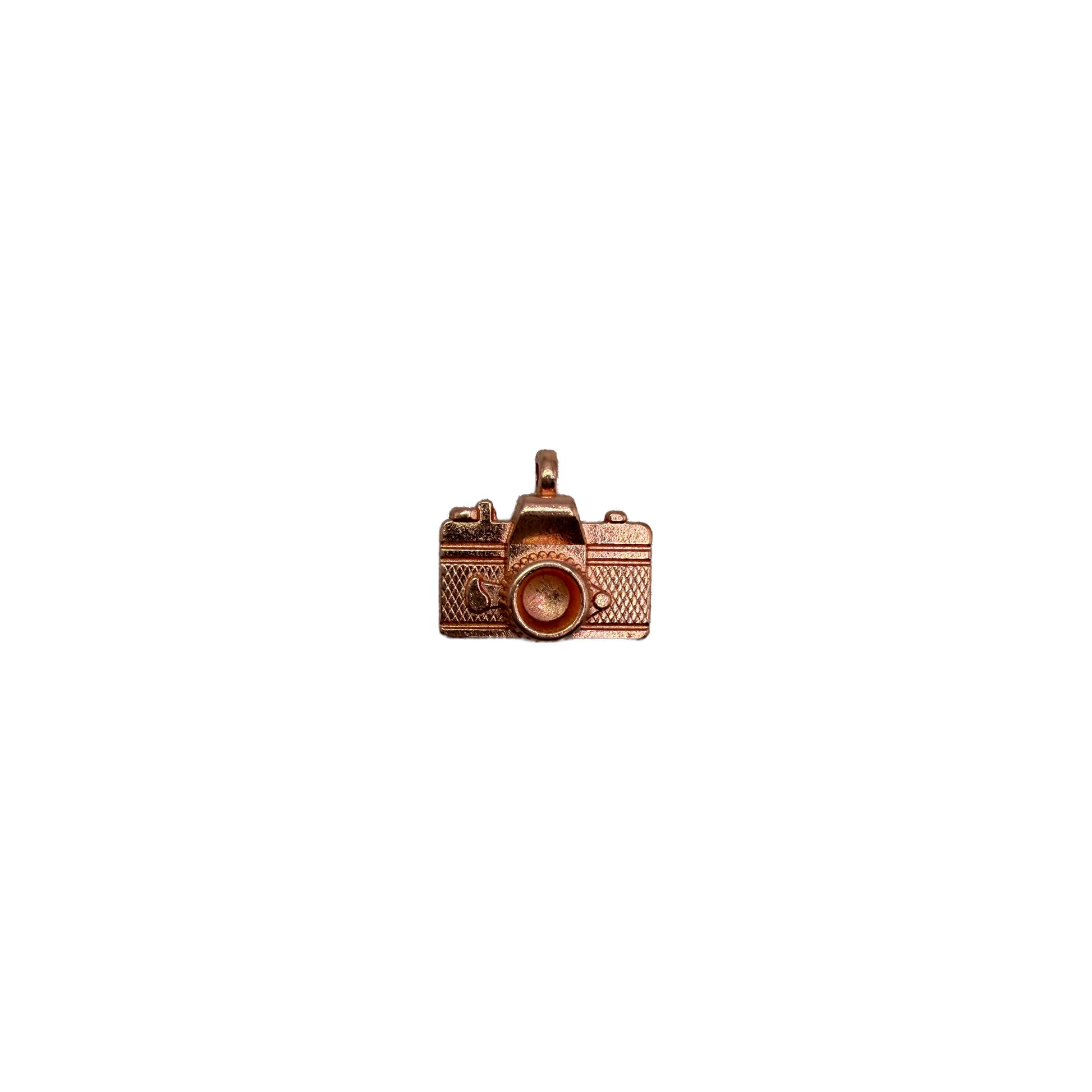 Rose-gold vintage camera charm with textured detail