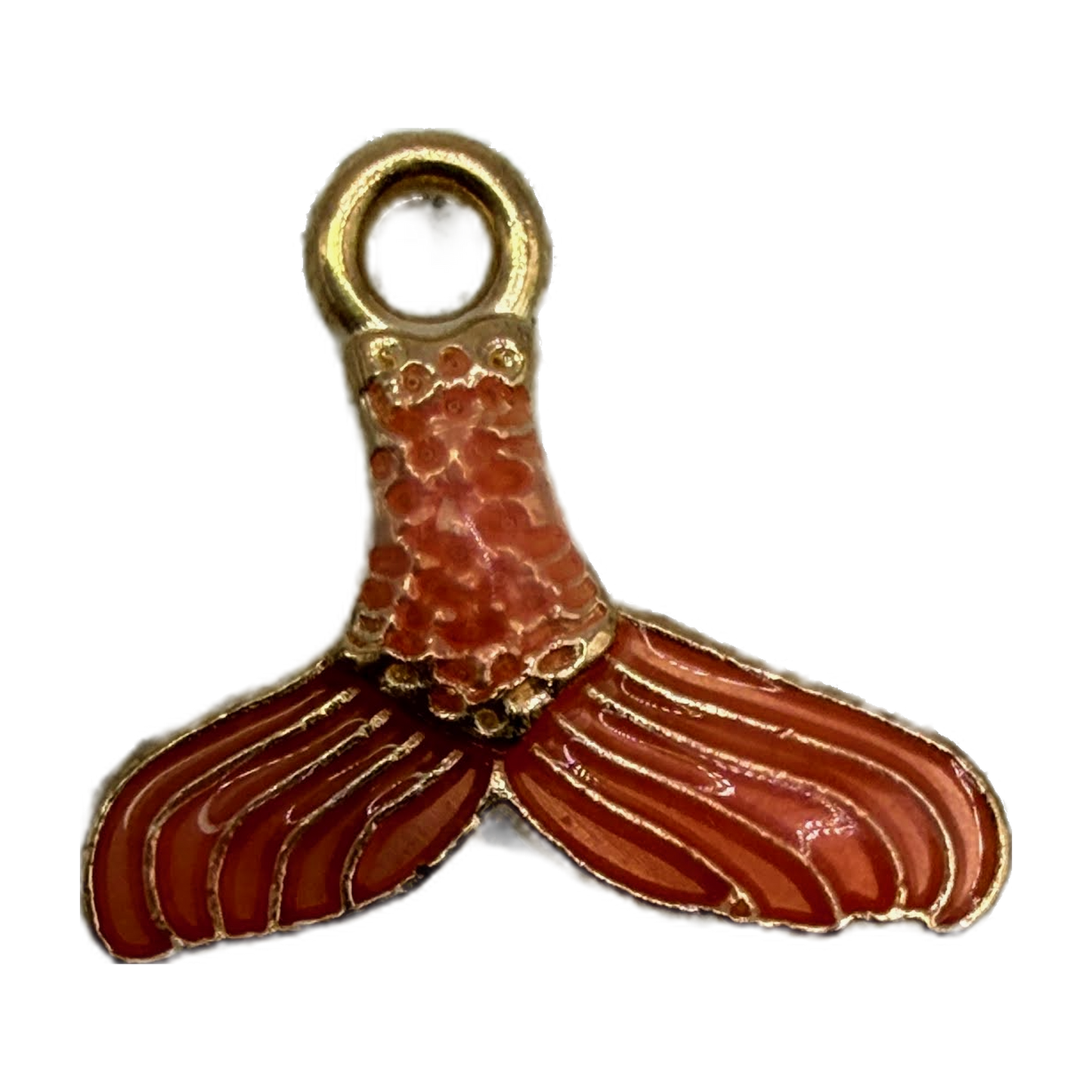 Gold-edged red mermaid tail charm with textured scales and glossy enamel finish