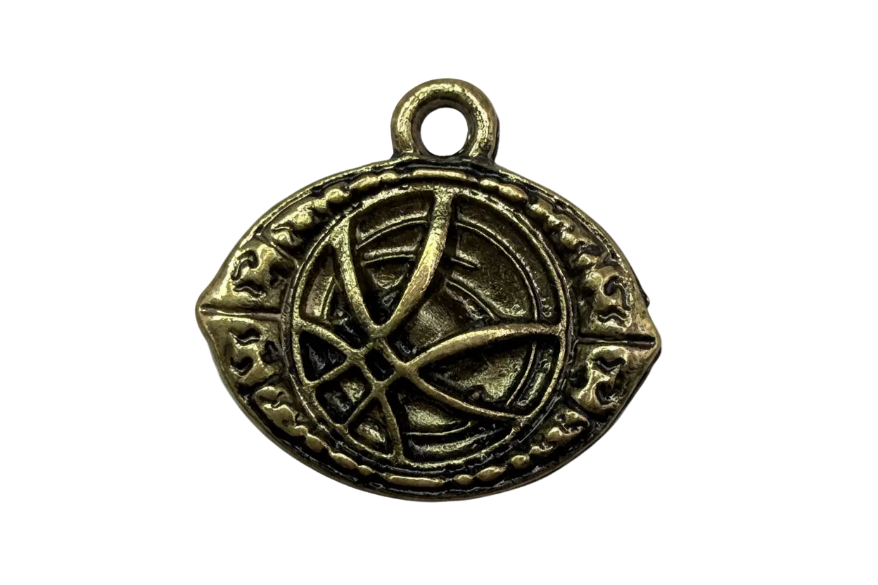 Antiqued gold pentagram medallion with engraved border and darkened recessed details