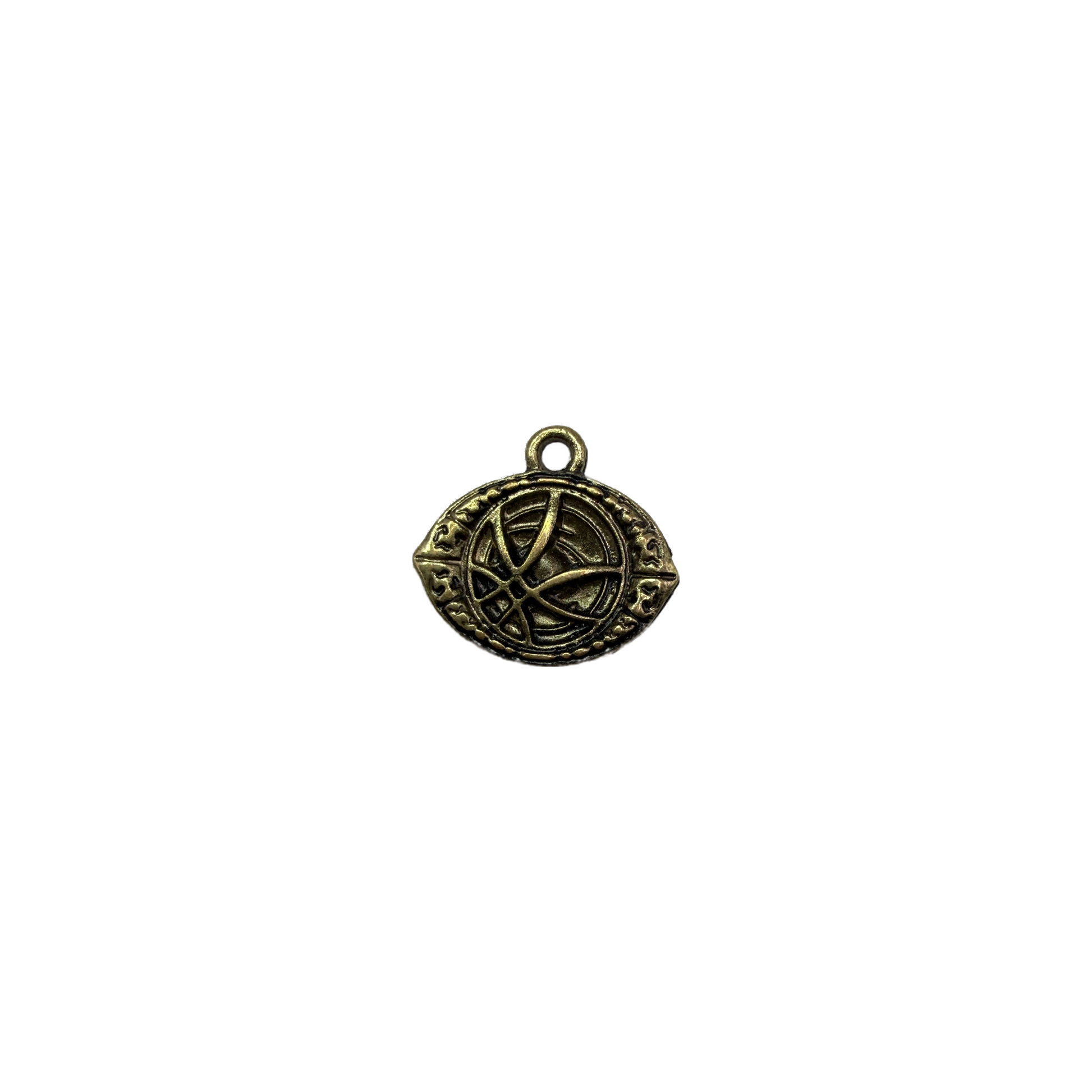 Antiqued gold pentagram medallion with engraved border