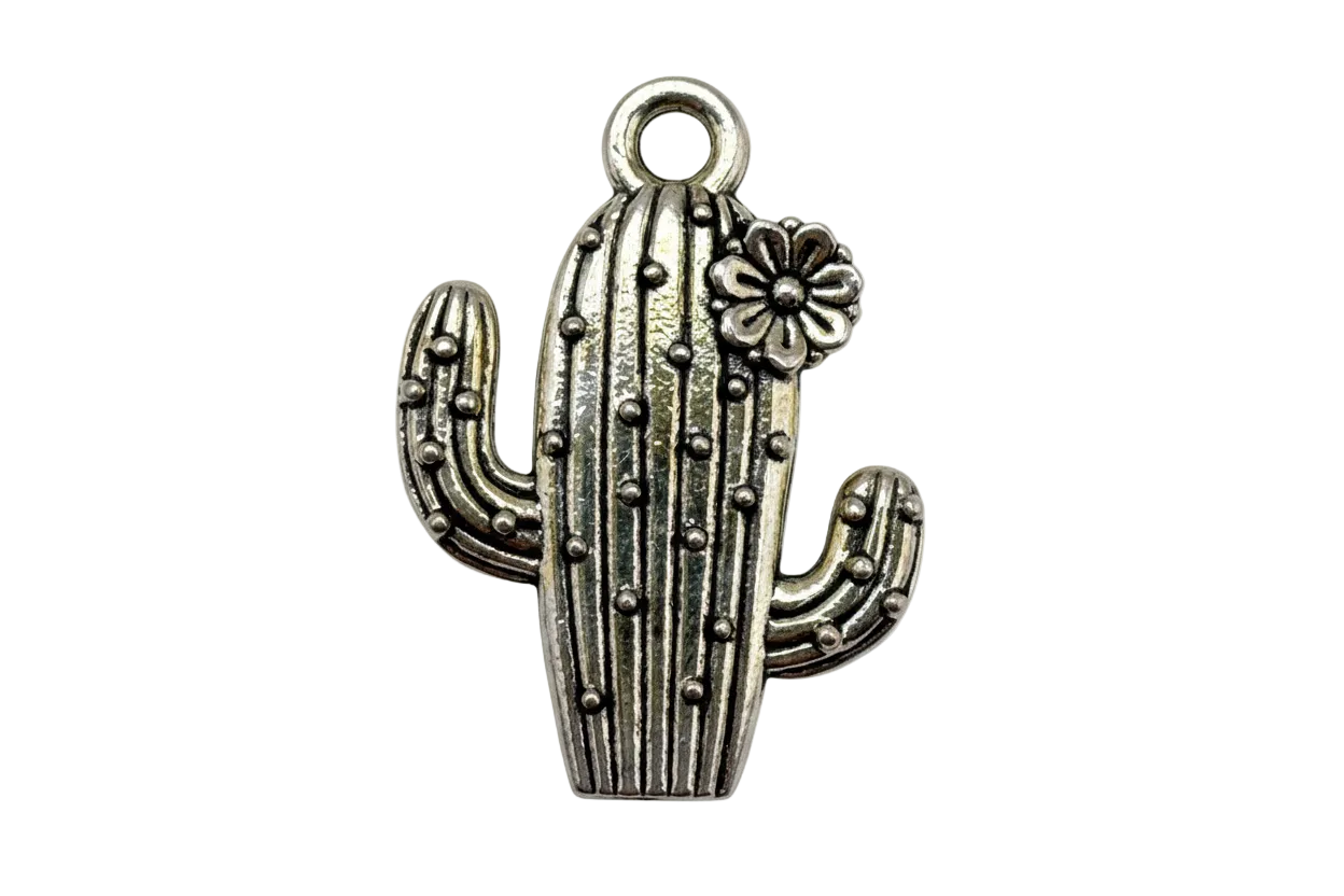 Antique silver cactus charm with raised dot texture and small flower accent