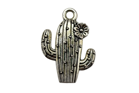 Antique silver cactus charm with raised dot texture and small flower accent