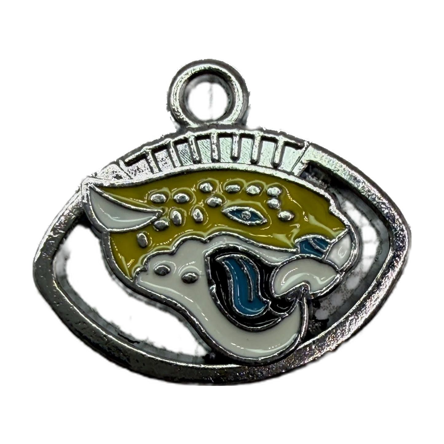 Spotted pufferfish enamel oval medallion in silver with olive, white, and blue details