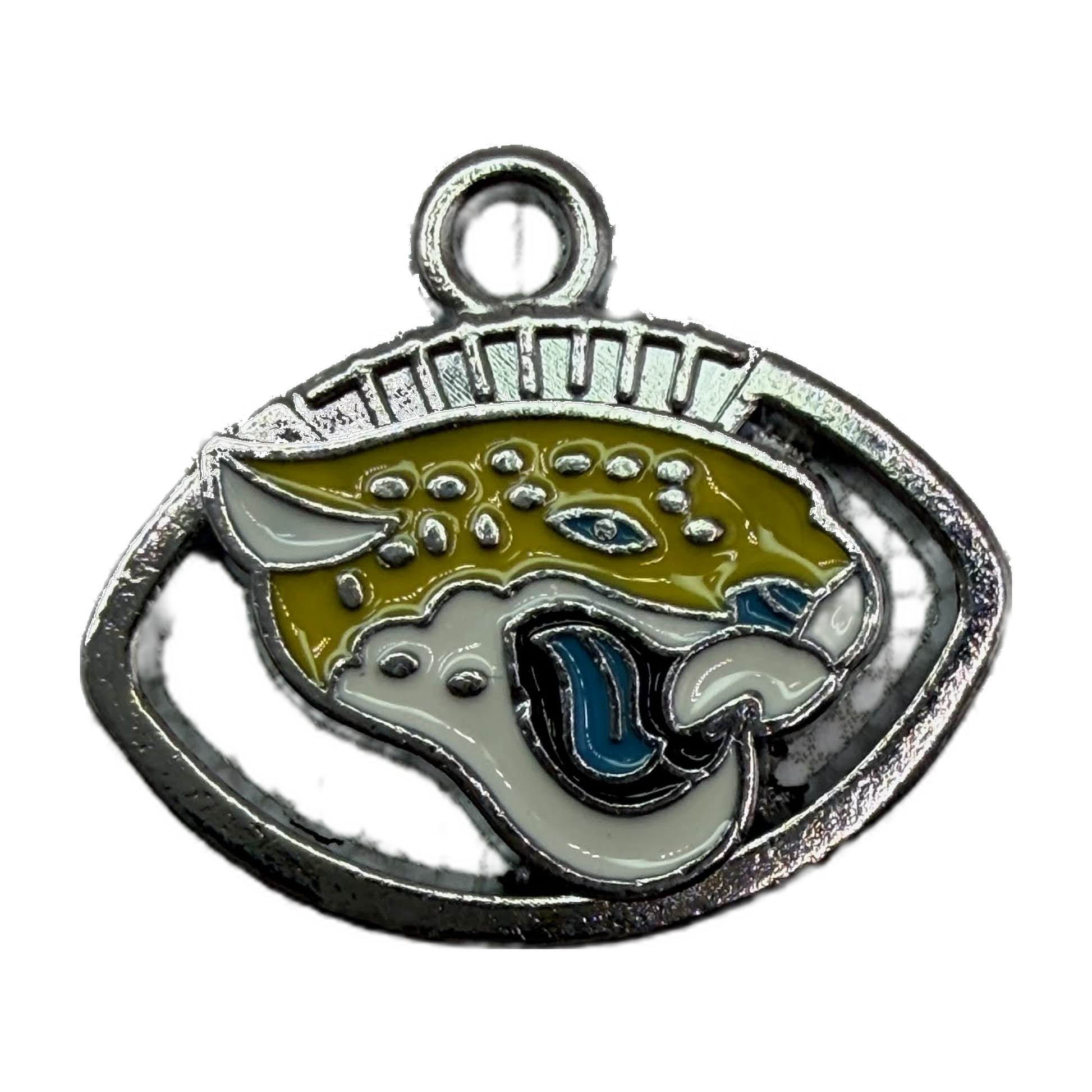 Spotted pufferfish enamel oval medallion in silver with olive, white, and blue details