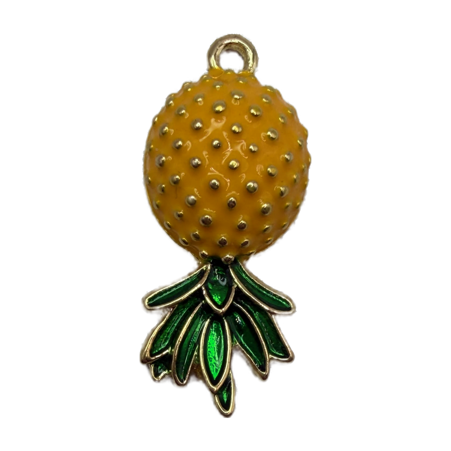 Gold-toned textured orange fruit pendant with glossy green leaves