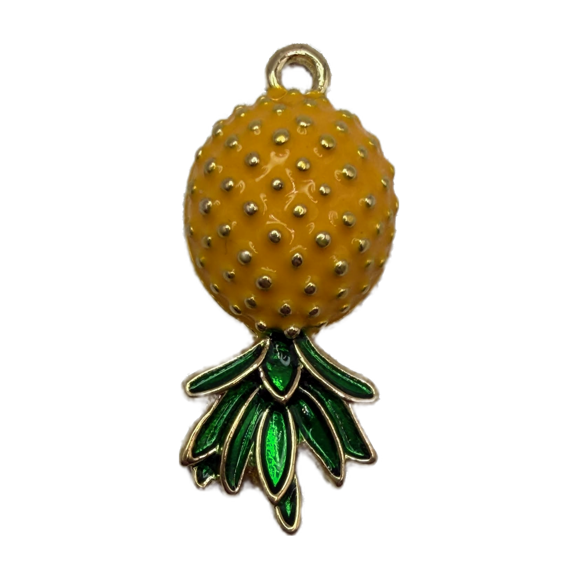 Gold-toned textured orange fruit pendant with glossy green leaves