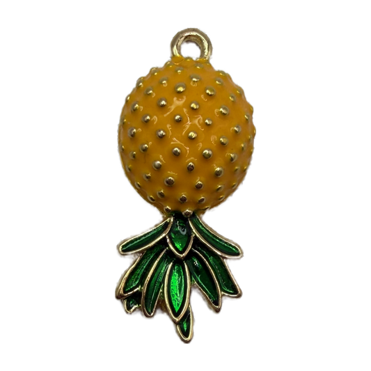 Gold-toned textured orange fruit pendant with glossy green leaves