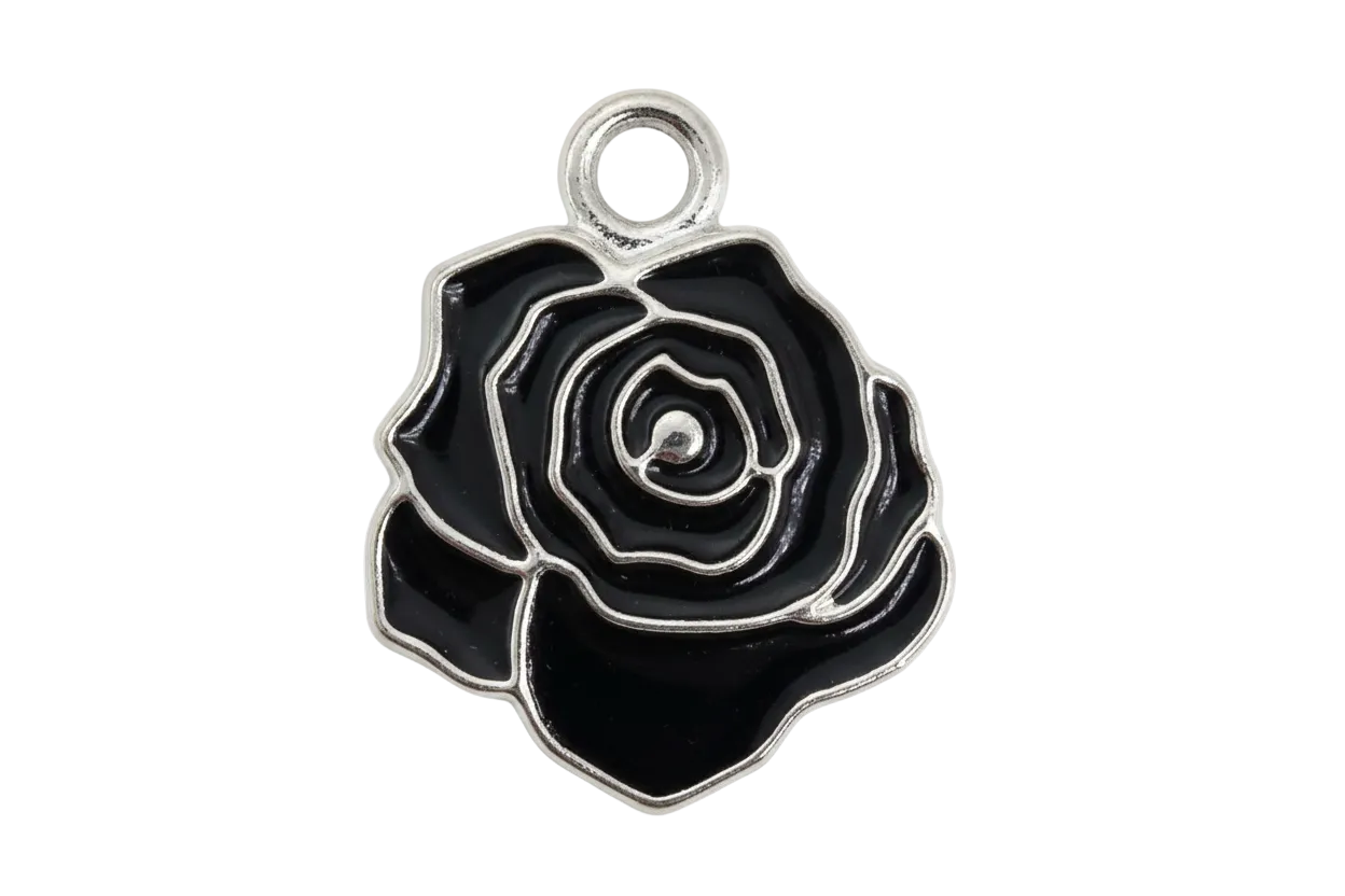 Glossy black enamel rose flower with silver-toned outline