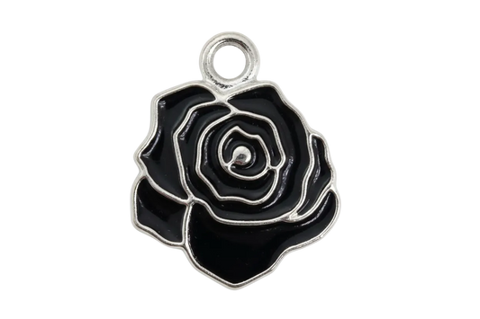 Glossy black enamel rose flower with silver-toned outline