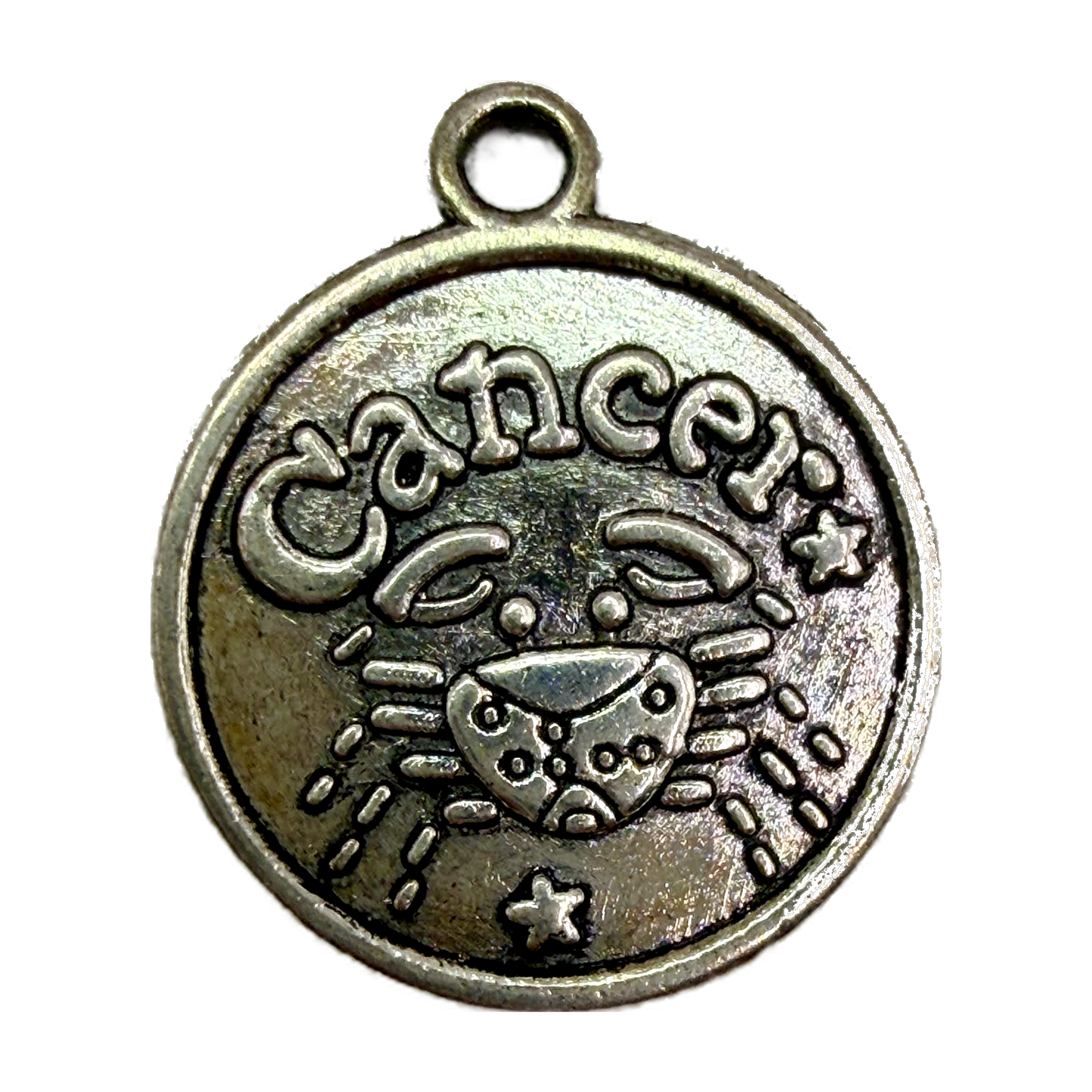 Antiqued silver-tone round coin charm with raised Cancer zodiac crab and small star details