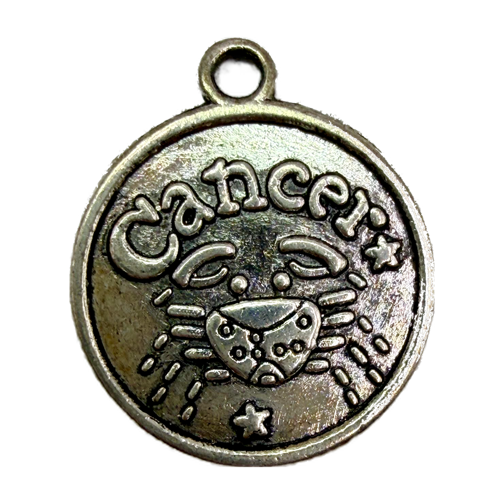Antiqued silver-tone round coin charm with raised Cancer zodiac crab and small star details