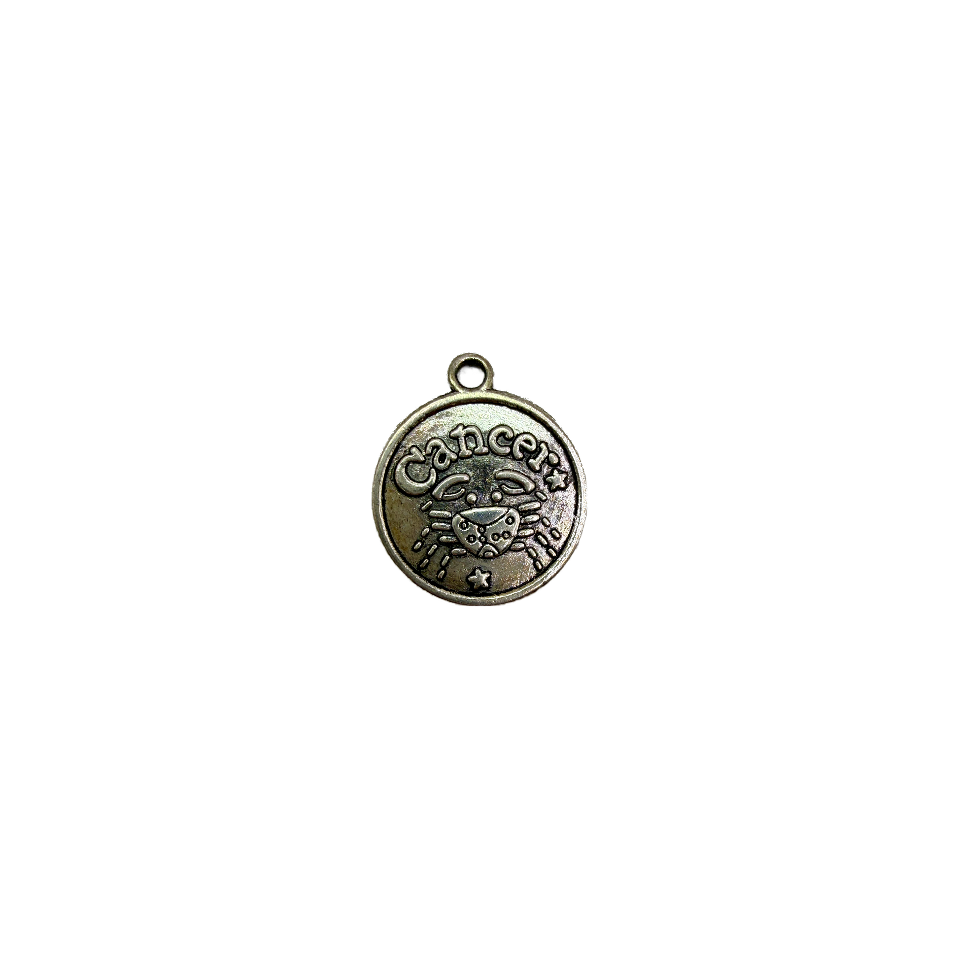 Antiqued silver zodiac coin with raised Cancer crab and stars