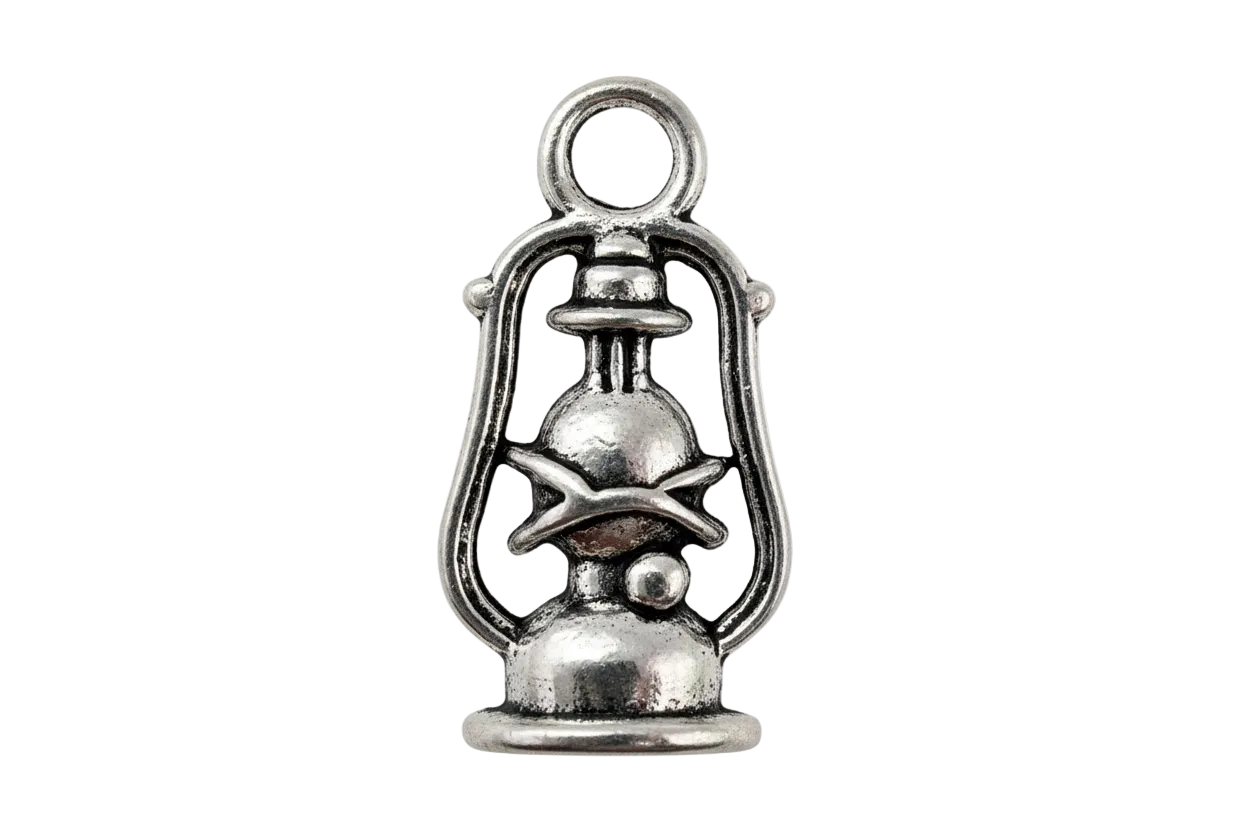 Antique silver lantern charm with detailed frame and burner silhouette