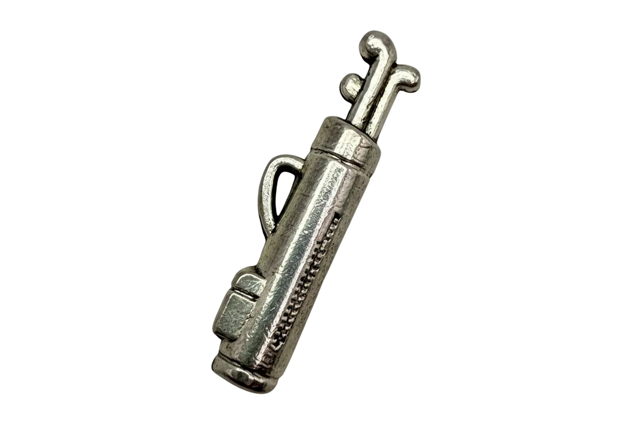 Polished silver golf bag with clubs pendant, sculpted 3D design on black background