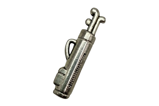 Polished silver golf bag with clubs pendant, sculpted 3D design on black background