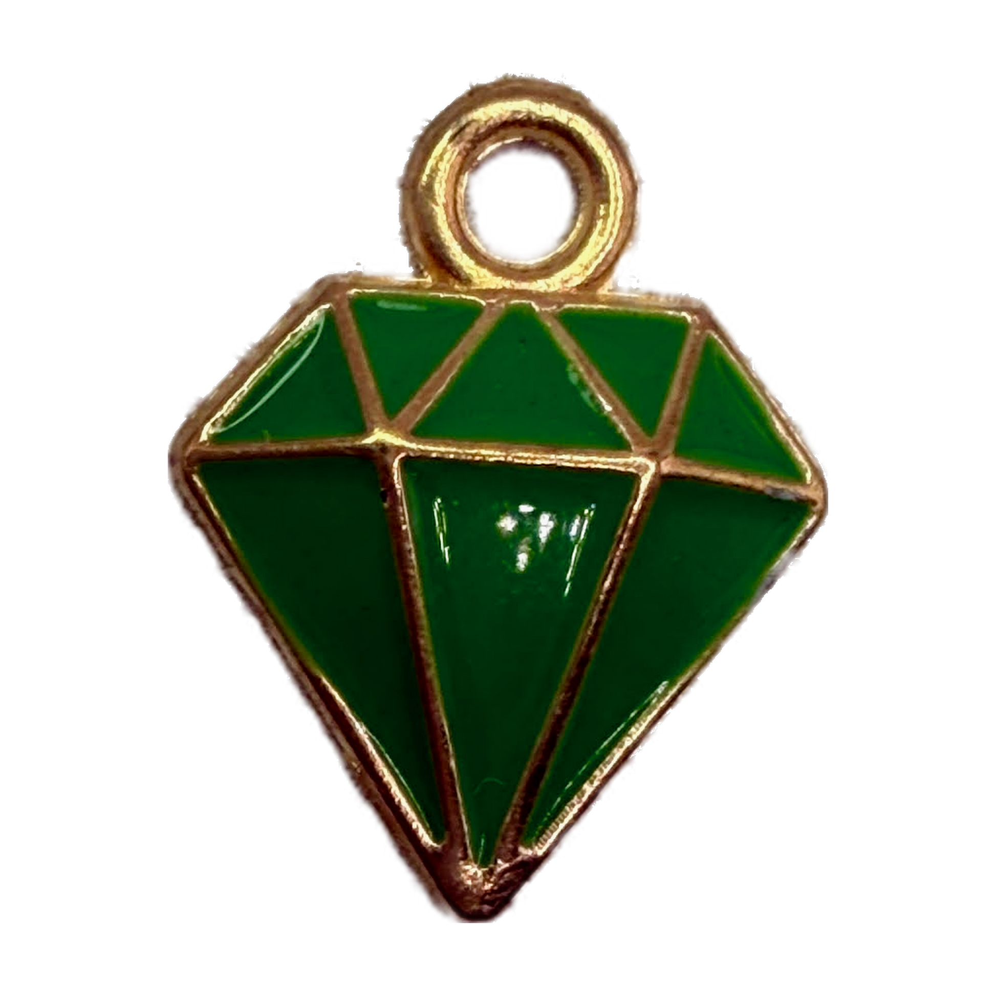 Emerald green faceted diamond motif with gold outline and glossy finish