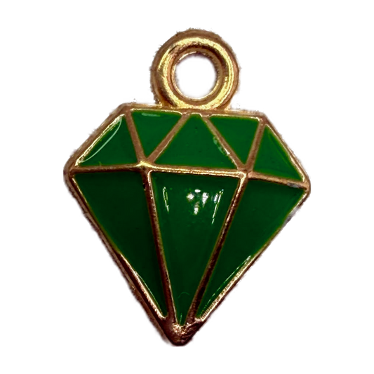 Emerald green faceted diamond motif with gold outline and glossy finish